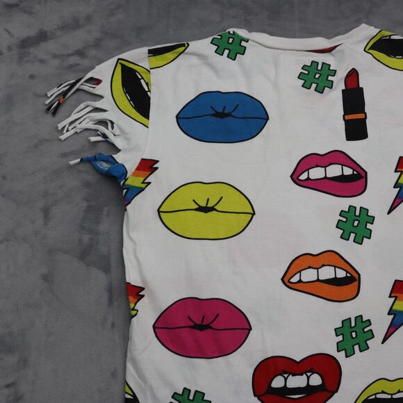 On Fire Shirt Womens L Multicolor Short Sleeve Crew Neck Fringe Hem Tee - Picture 10 of 14